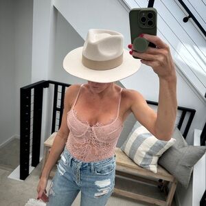 Teressa Foglia Beige Felt Wide Brim Fedora Hat with Tan Band